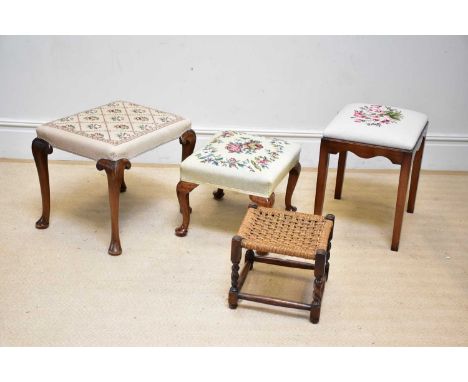 Three assorted tapestry seated stools and a rush seated example (4).