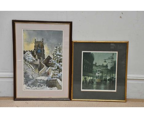 † F SHENTON; watercolour, 'Mottram Church', signed, 51 x 31cm, and an Arthur Delaney pencil signed limited edition print, Man