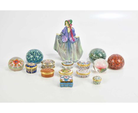 ROYAL DOULTON; a figure, HN1318 'Sweet Anne', also trinket boxes including Halcyon Days and Limoges, and four paperweights in