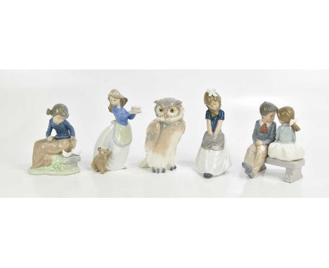 NAO; four figures including seated boy and girl, 'The Kiss', and a model of an owl (5).