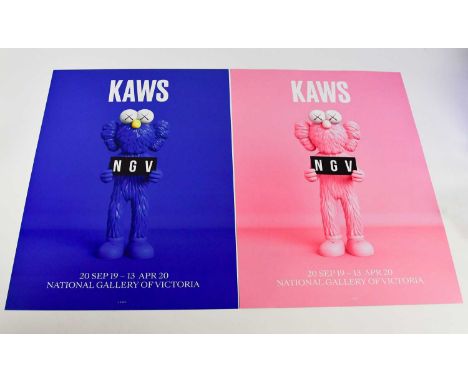 KAWS (AMERICAN, born 1974); two lithograph posters to advertise National Gallery of Victoria exhibition 2019-20 in Melbourne 
