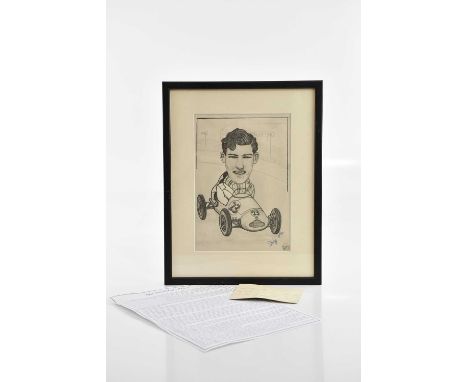 FORMULA ONE (F1) INTEREST; a pencil drawing of Sir Stirling Moss, later signed by Stirling Moss, 24.5 x 17cm, framed and glaz