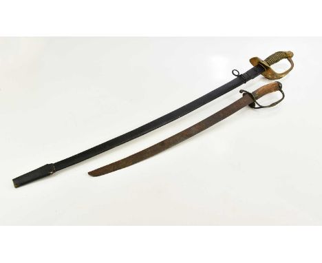 A WWI Prussian officer's infantry sword and a horn handled German hunting sword (2).Condition Report: The Prussian sword is a
