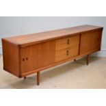 A mid century teak sideboard with two sliding doors and four drawers, height 80cm, width 225cm,