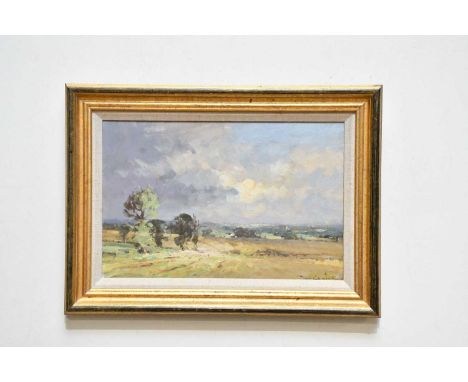 † JAMES LONGUEVILLE PS PBSA (born 1942), oil on board, ‘Late Summer Fields’, signed, titled to Malpas label verso, 28.5 x 44c