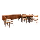 MCINTOSH; a mid century teak dining suite comprising extending table with additional leaf, length