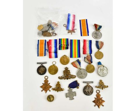 WWI MILITARY INTEREST; Davag Brothers, a collection of WWI brass badges, school Coronation medals, military medals awarded to