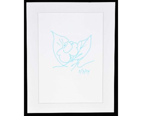 JEFF KOONS (American, born 1955); light blue ink drawing on white card, 'Flower Drawing (one bunch &amp; leaves)', signed and