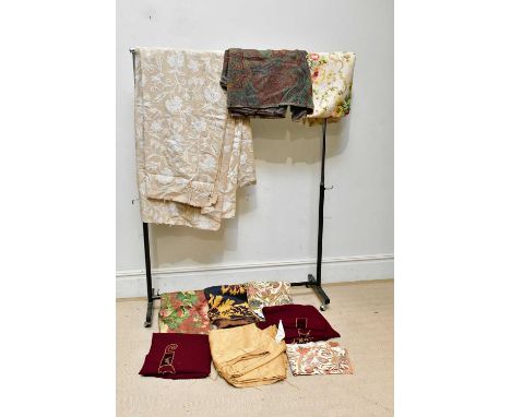 Nine fabric samples including Manuel Canovas red, blue and green wool Paisley, Mulberry 'basket of flowers', a cream and beig