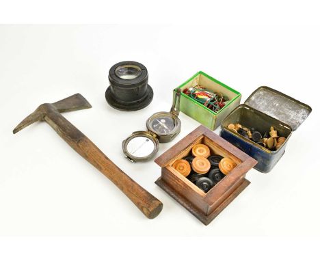 STANLEY, a plated surveyor's compass, length 7cm, with a magic lantern lens, a Kay Dynamo, an axe, etc.