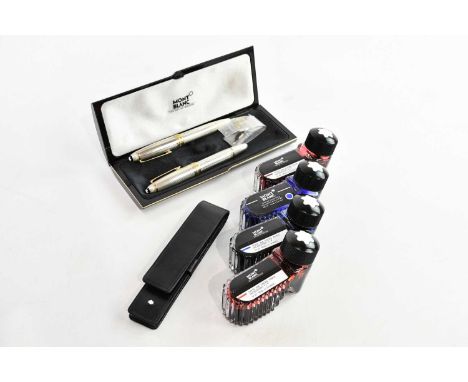 MONTBLANC; a cased two piece fountain pen set, the 18K nibs marked 4810, leather pouch, and four ink bottles.Condition Report