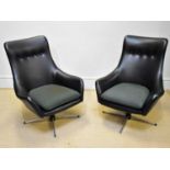 A pair of 1970s swivel office chairs, with button backs and cast metal bases, height 96cm (2).