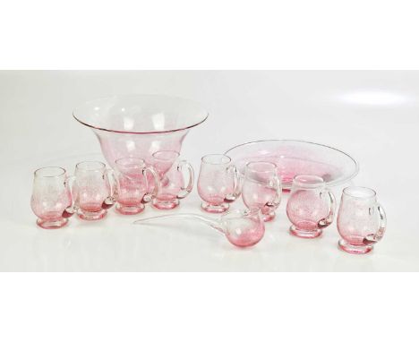 PAUL MANSON FOR SHILBOTTLE GLASS STUDIO; a boxed glass punch set comprising two bowls, eight glasses and ladle.