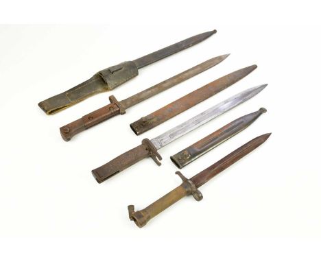 A Swedish bayonet and scabbard, with 20cm blade, No 722, with two other bayonets and scabbards (3)