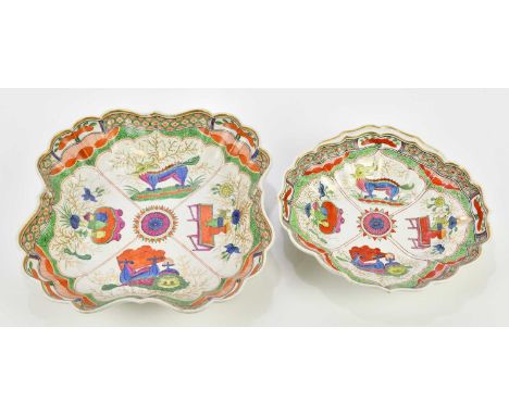 ATTRIBUTED TO CHAMBERLAINS WORCESTER; two ‘Dragons in Compartments’ pattern dishes, the larger length 24.5cm (2)Condition Rep