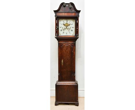 A 19th century eight day longcase clock, the painted dial set with moon phase and floral detail set with Arabic and Roman num