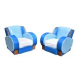 A pair of vintage Art Deco vinyl and faux fur arm chairs, height 80cm, width 88cm, depth 87cm.