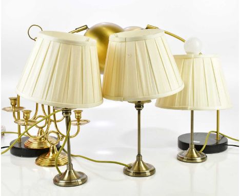 A collection of modern lighting including a pair of adjustable desk lamps on marble plinth bases, pair of twin branch candle 