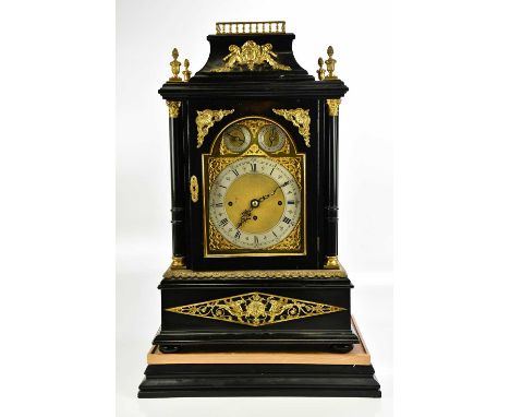 A very large late 19th century ebonised eight day chiming bracket clock, with fusée movement and gilt metal mounts, height 66