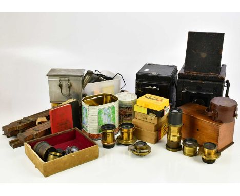 A collection of large format cameras, plate cameras and accessories, to include a Thornton Speical Ruby Reflex with a 45mm f6