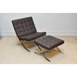 AFTER MIES VAN DER ROHE; a contemporary Barcelona chair with brown leather cushions and chrome frame