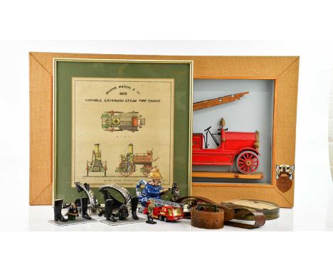 NATION FIRE SERVICE INTEREST; a collection of items including chrome epaulettes, Devonshire fire service brass buckle, cerami