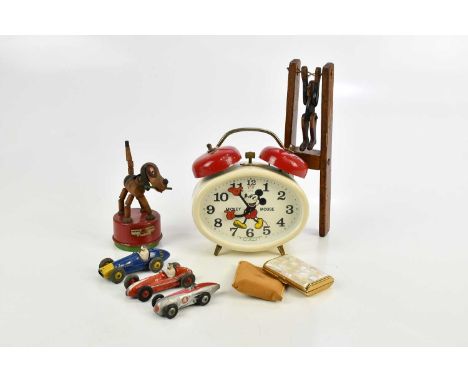 TRI-ANG; a wooden mechanical dog, a vintage Micky Mouse alarm clock, three Dinky and Meccano racing cars, and a mother of pea