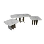 MARMORINO; a modern marble coffee table, length 125cm, and a pair of matching pedestal coffee tables