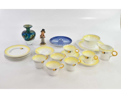 SHELLEY; a part tea service in the Regent shape and 'Yellow Block' pattern, also a Mdina glass vase and Goebel figure.Conditi