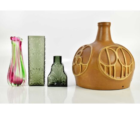 RIIHIMAKI; a Finnish moulded glass vase, small chip to the rim, height 18cm, with two other mid century glass vases and a bro