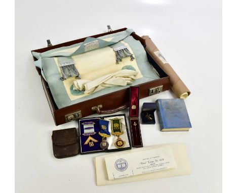 MASONIC INTEREST; a collection of regalia and medals including 9ct yellow gold signet ring, size R 1/2, further yellow metal 