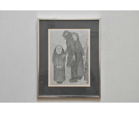 AFTER LAURENCE STEPHEN LOWRY; print, 'Family Discussion', 36 x 26cm, framed and glazed.