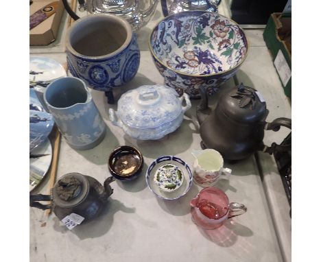 19th century ceramics, glass and pewter, including a cranberry glass jug, German planter and an Ironstone footed centre bowl.
