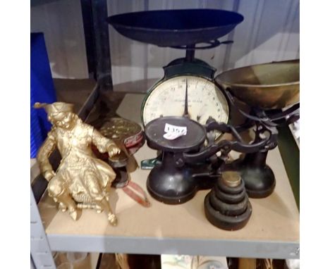 Mixed metalware including kitchen scales and a gilt figure. Not available for in-house P&amp;P 