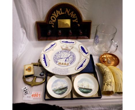 Maritime collectables including modern scrimshaw, Royal Worcester pin dishes, brass anchor etc. Not available for in-house P&