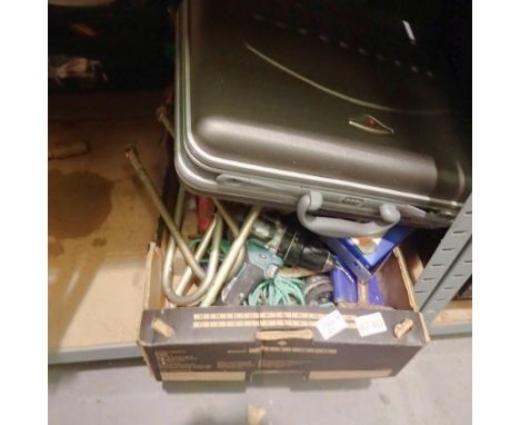 Box of mixed tools, including Makita drill. Not available for in-house P&amp;P