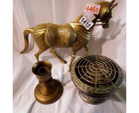 Brass horse H: 27 cm candle stick and silver plated vase. Not available for in-house P&amp;P 