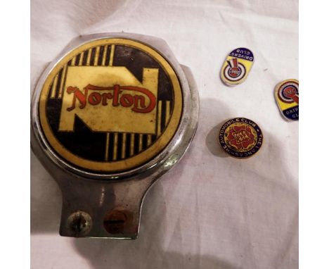 Norton car badge and three automotive club pin badges/buttonhole. UK P&amp;P Group 1 (£16+VAT for the first lot and £2+VAT fo