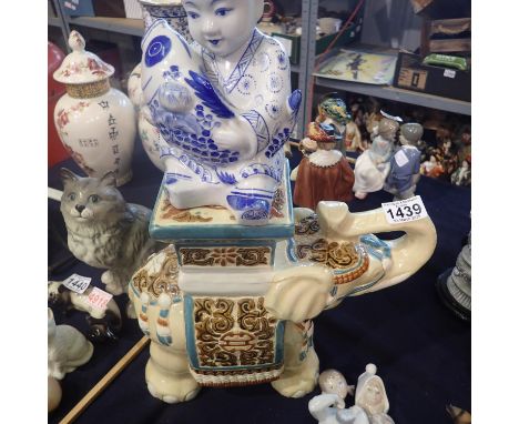Small Oriental elephant stool and ceramic Chinese Buddha with fish. Not available for in-house P&amp;P 