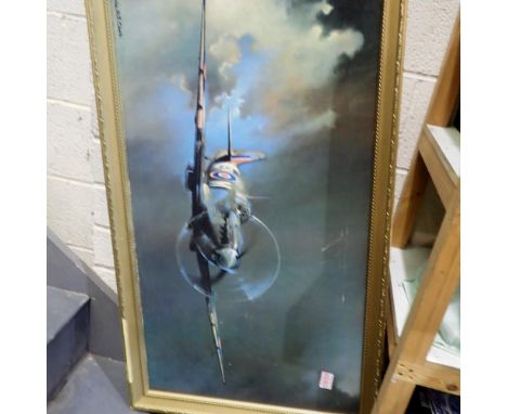 Framed Boris Clarke Spitfire print, 100 x 50 cm. Not available for in-house P&amp;P