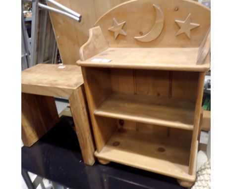 Modern pine low two-shelf bookcase with moon and stars to upstand, 56 x 26 x 75 cm. Not available for in-house P&amp;P