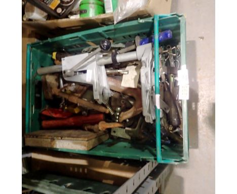 Box of mixed tools, including a drill stand. Not available for in-house P&amp;P