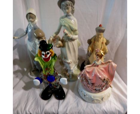 Six figurines to include Nao and a Murano glass clown, H: 20 cm. Not available for in-house P&amp;P