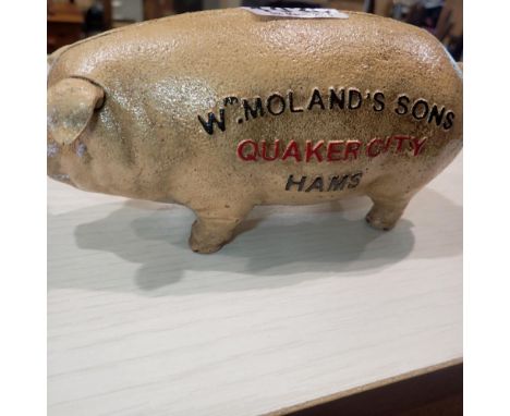 Cast iron Quaker city Hams moneybox: 19 cm. UK P&amp;P Group 1 (£16+VAT for the first lot and £2+VAT for subsequent lots) 