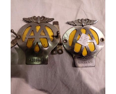 Two classic car front panel AA metal car grille badges, one with fixings. UK P&amp;P Group 1 (£16+VAT for the first lot and £