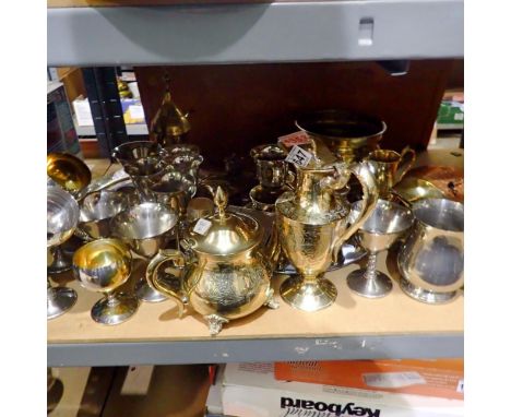Large collection of assorted metalware items including tea service and brass planter. Not available for in-house P&amp;P 
