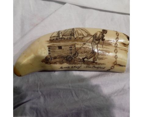 Faux scrimshaw whale tooth, of Merrils Wharf and New Bedford, L: 15 cm. UK P&amp;P Group 1 (£16+VAT for the first lot and £2+