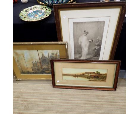 Two watercolours and a print. Not available for in-house P&amp;P 