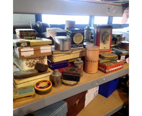 Shelf of vintage tins. Not available for in-house P&amp;P 