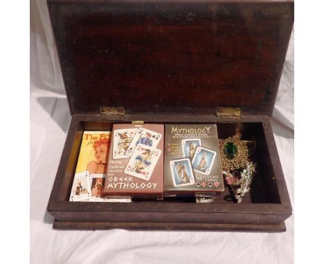 Wooden box containing plated cards and costume jewellery. UK P&amp;P Group 2 (£20+VAT for the first lot and £4+VAT for subseq